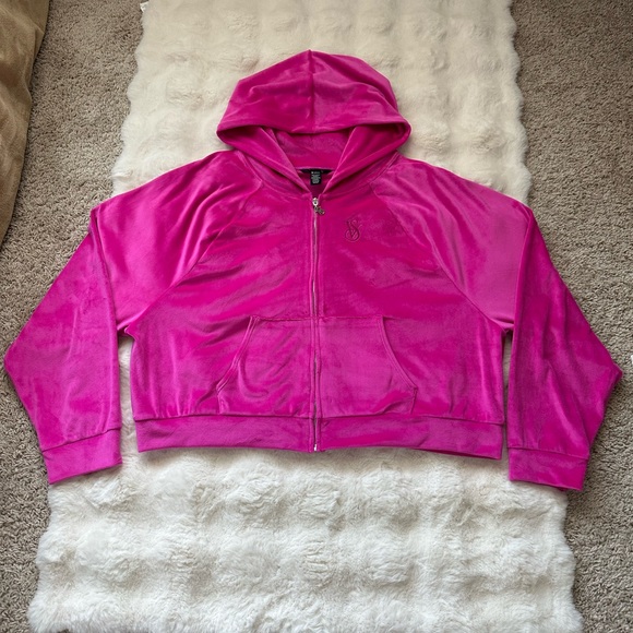 Victoria's Secret On Point Cropped Bright Pink Velour Hoodie / Jacket-XL - Picture 4 of 6